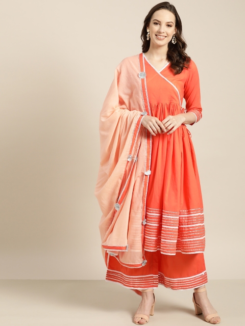 

Sangria Women Coral Orange & Peach-Coloured Solid Angrakha Kurta with Palazzos & Dupatta