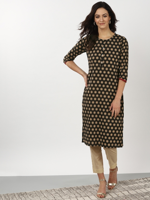 

Sangria Women Black & Beige Printed Straight Kurta