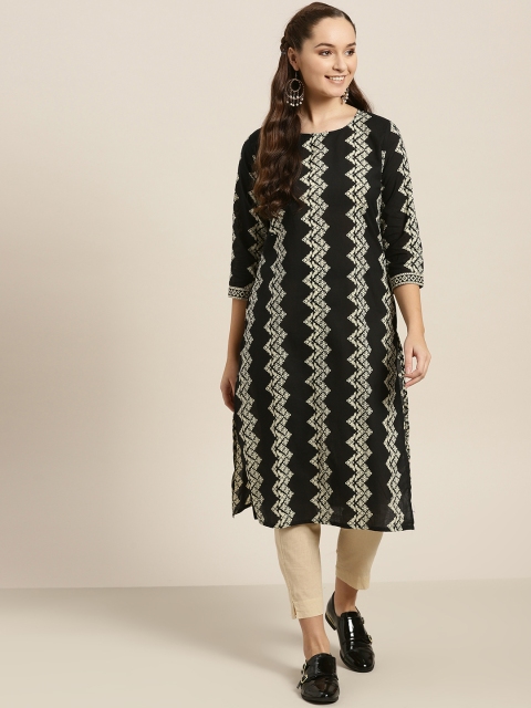 

Sangria Women Black & Off-White Printed Straight Kurta