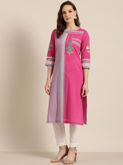 

Sangria Women Pink & White Striped Straight Kurta