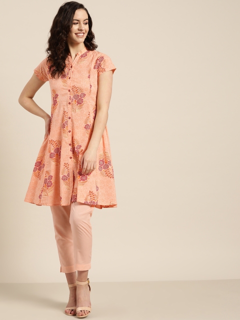 

Sangria Women Peach-Coloured & Maroon Printed Kurta with Trousers