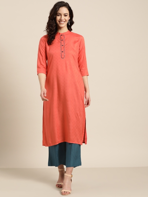

Sangria Women Coral Orange & Teal Blue Self Design Kurta with Palazzos