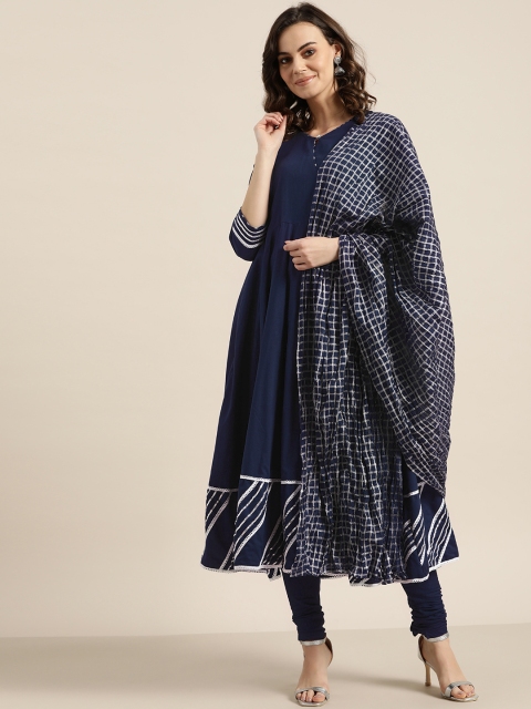 

Sangria Women Navy Blue Solid Kurta with Churidar & Dupatta