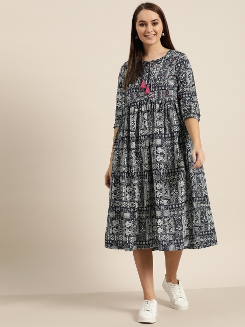 

Sangria Women Navy Blue & Off-White Printed Empire Dress