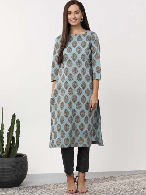 

Sangria Women Blue & Yellow Printed Straight Kurta