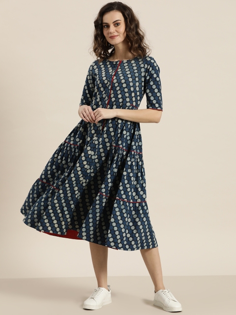

Sangria Women Navy & Grey Printed A-Line Dress, Navy blue