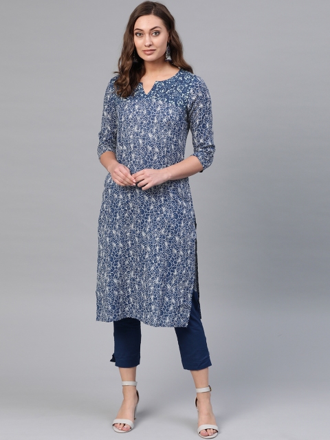 

Sangria Women Navy Blue & White Printed Kurta with Trousers