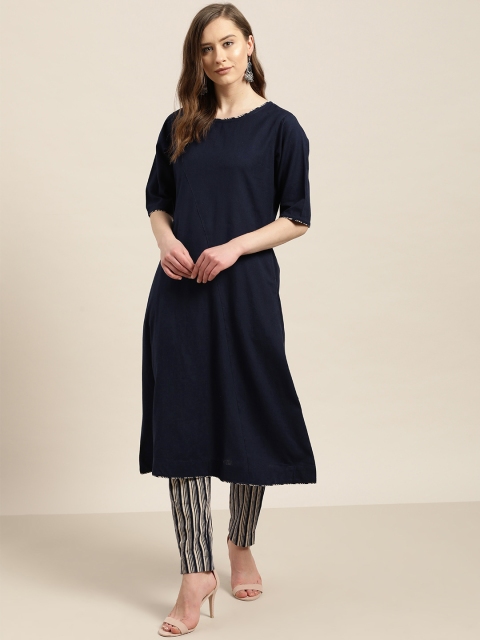 

Sangria Women Navy Blue & Beige Solid Kurta with Trousers