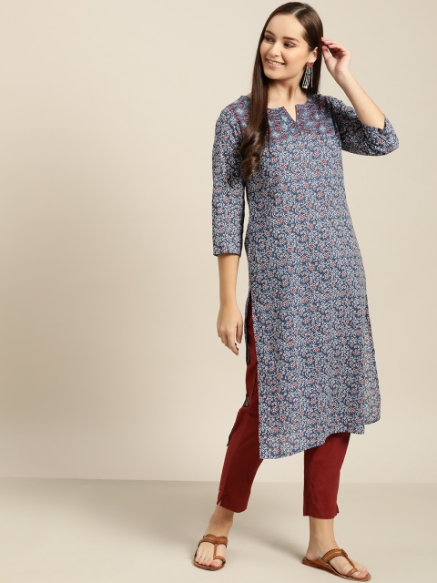 

Sangria Women Blue & Maroon Printed Kurta with Trousers