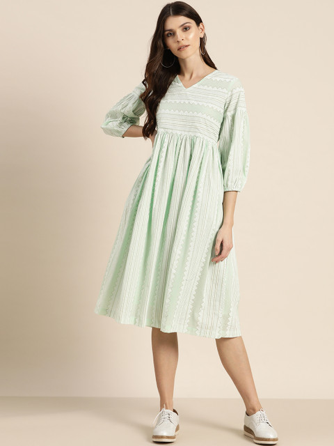 

Sangria Women Green & White Printed A-Line Dress