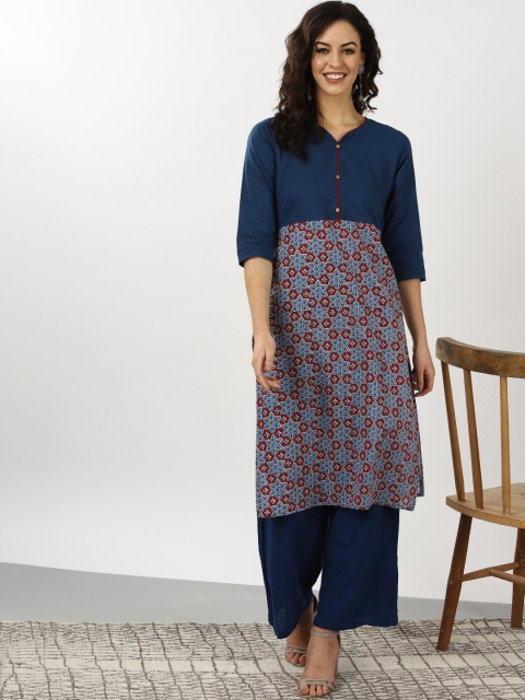 

Sangria Women Navy Blue & Rust Red Printed Straight Kurta