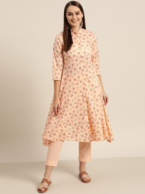 

Sangria Women Peach-Coloured & Red Printed A-Line Kurta with Trousers