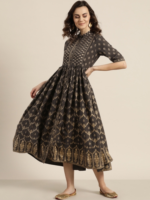 

Sangria Women Charcoal Grey & Golden Khari Block Printed Fit & Flare Dress