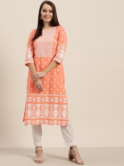 

Sangria Women Peach-Coloured & White Printed Straight Kurta