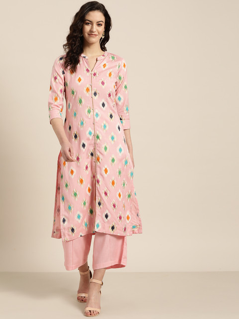 

Sangria Women Pink & Golden Printed Kurta with Palazzos