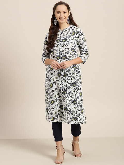 

Sangria Women White & Navy Blue Printed Straight Kurta