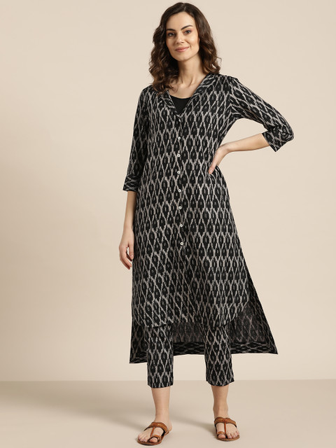 

Sangria Women Black & Beige Ikat Printed Sustainable Kurta with Trousers with Camisole