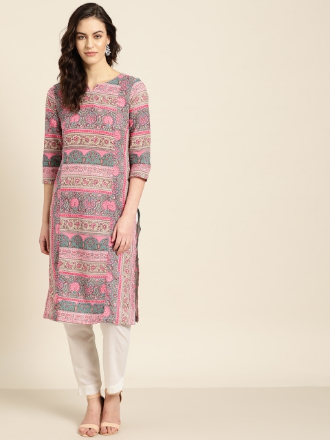 

Sangria Women Pink & Blue Printed Straight Kurta