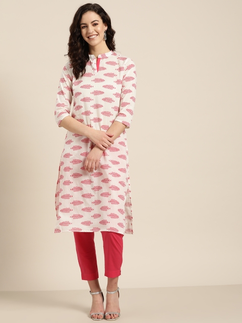 

Sangria Women White & Pink Printed Kurta with Trousers