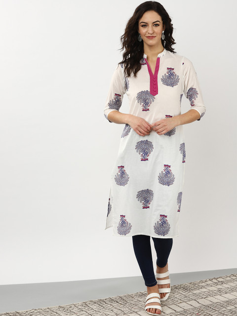 

Sangria Women White & Purple Printed Straight Kurta