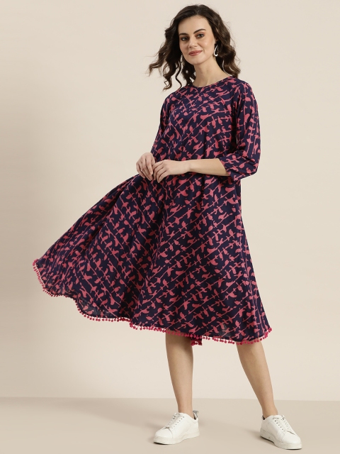 

Sangria Women Navy & Pink Birds Printed A-Line Dress, Navy blue