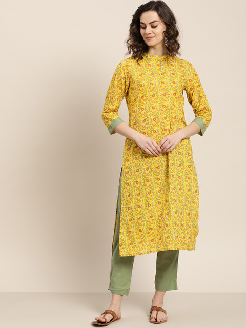 

Sangria Women Yellow & Olive Green Printed Kurta with Trousers