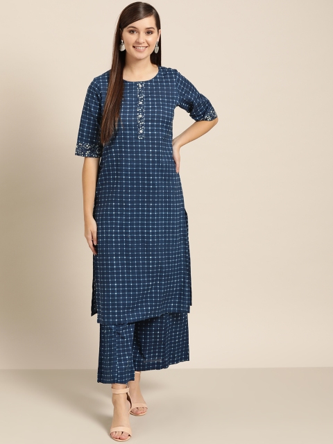 

Sangria Women Navy Blue Checked Kurta with Palazzos