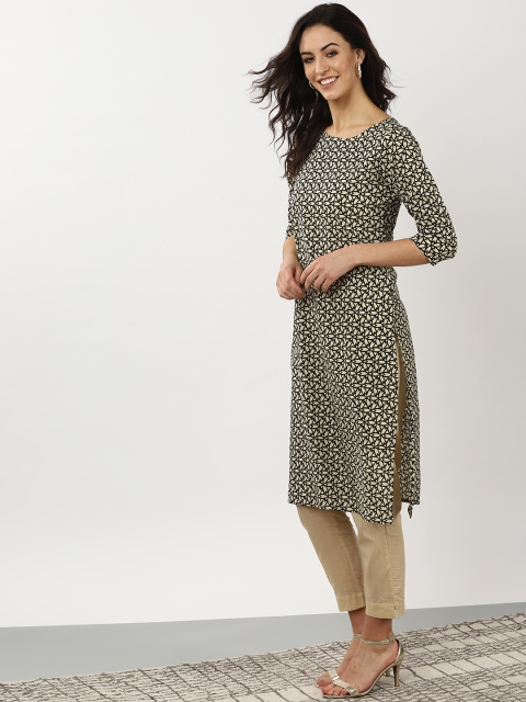 

Sangria Women Cream-Coloured & Black Printed Straight Kurta