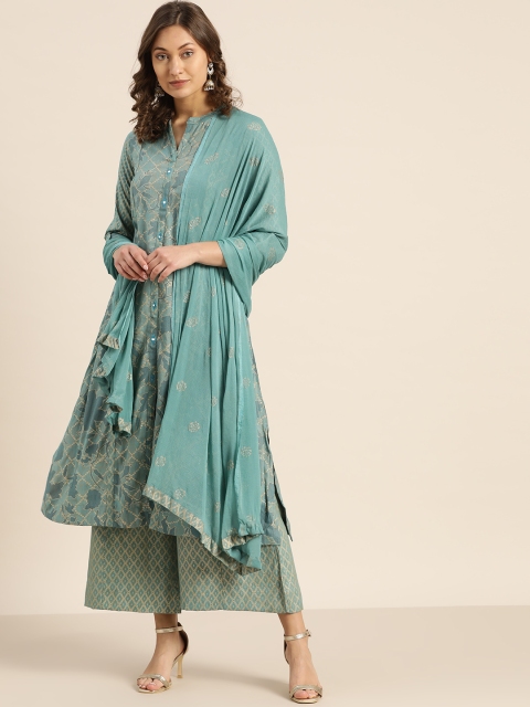 

Sangria Women Blue & Golden Printed Kurta with Palazzos & Dupatta