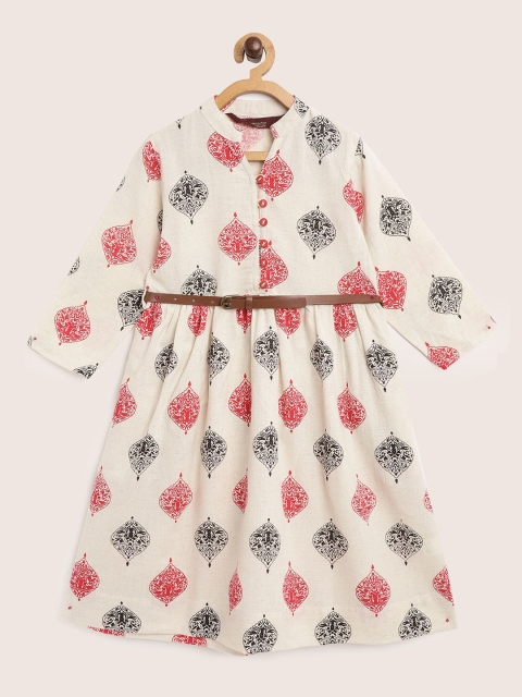 

Sangria Girls Off-White & Red Printed A-Line Dress with Belt