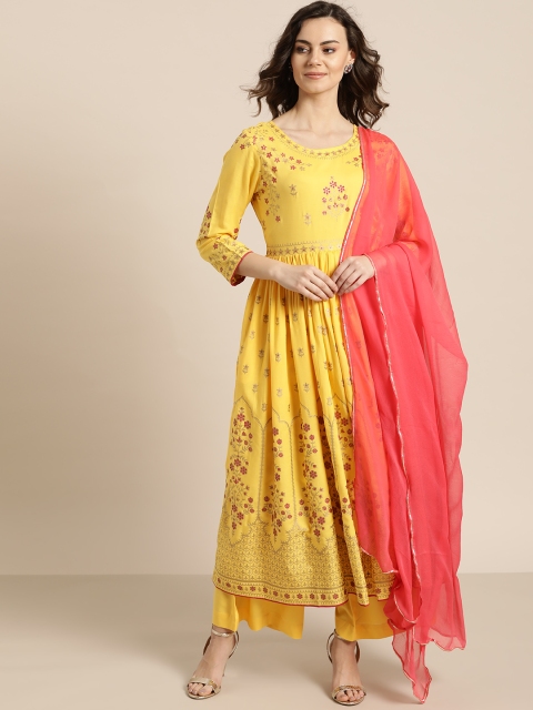 

Sangria Women Yellow & Golden Printed Kurta with Palazzos & Dupatta