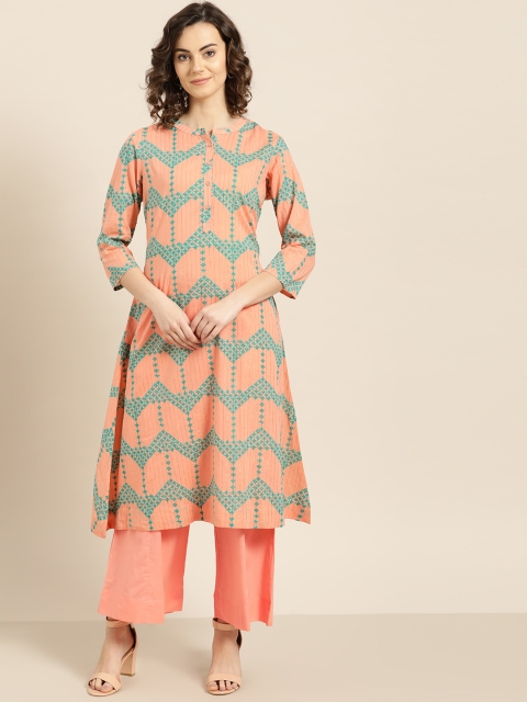 

Sangria Women Pink & Sea Green Printed Kurta with Palazzos