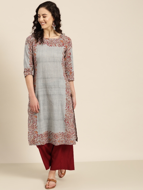 

Sangria Women Grey & Red Printed Straight Kurta