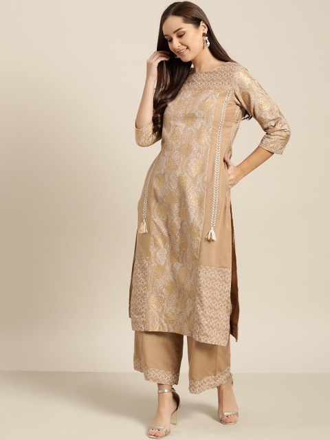

Sangria Women Beige & White Printed Straight Kurta with Palazzos