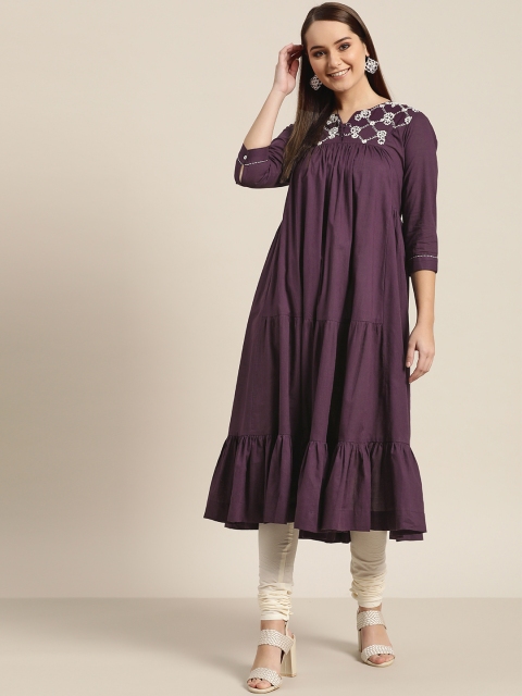 

Sangria Women Purple & Off-White Solid Kurta with Churidar