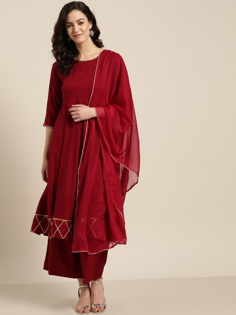 

Sangria Women Maroon Solid Anarkali Kurta with Palazzos & Dupatta