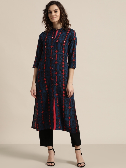 

Sangria Women Navy Blue & Red Printed Straight Kurta