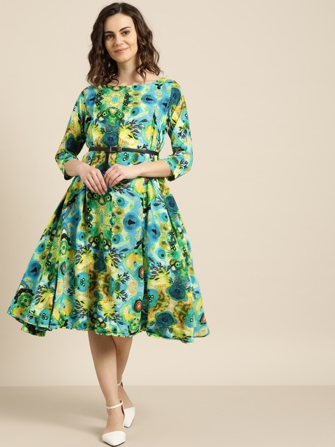 

Sangria Women Blue & Yellow Printed A-Line Dress