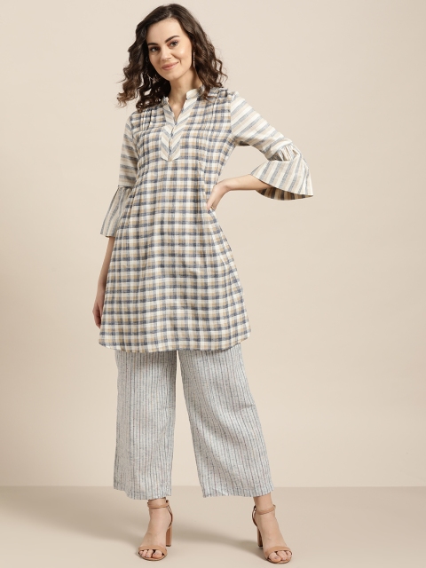 

Sangria Women Off-White & Blue Checked Kurta with Palazzos