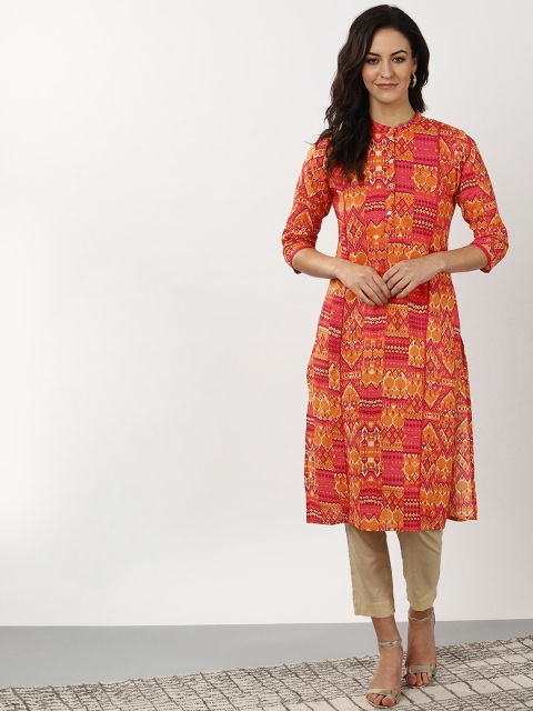 

Sangria Women Pink & Orange Printed Straight Kurta