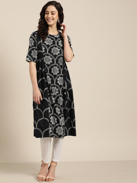 

Sangria Women Navy Blue & Off-White Printed Angrakha A-Line Kurta