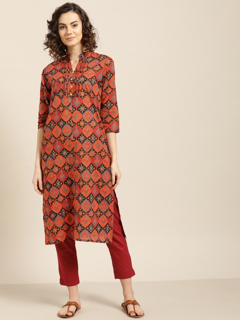 

Sangria Women Rust Orange & Maroon Printed Kurta with Trousers