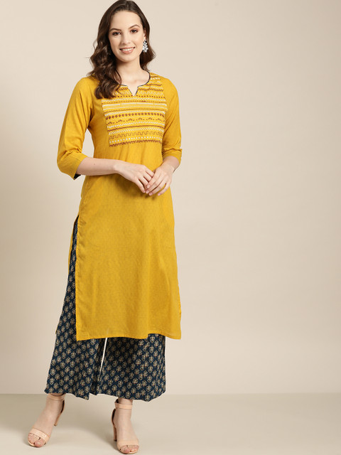 

Sangria Women Mustard Yellow Self-Design Kurta with Palazzos