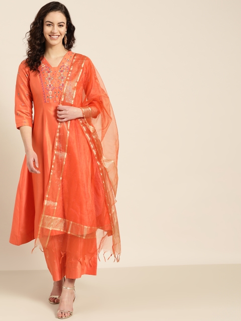 

Sangria Women Orange Embroidered Yoke Design Kurta with Palazzos & Dupatta