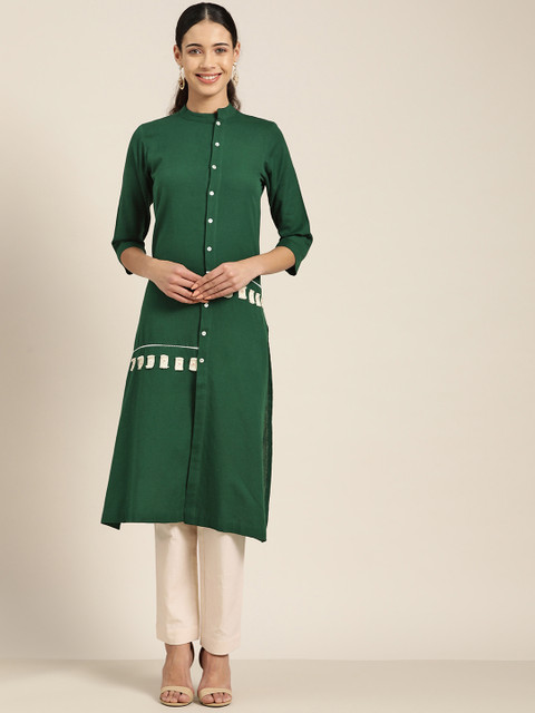 

Sangria Women Green & Beige Solid Tape Detailing Kurta with Trousers
