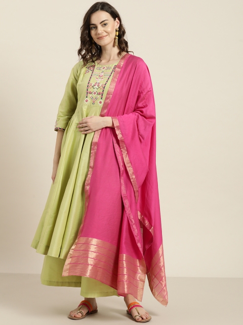 

Sangria Women Green & Pink Yoke Design Kurta with Palazzos & Dupatta