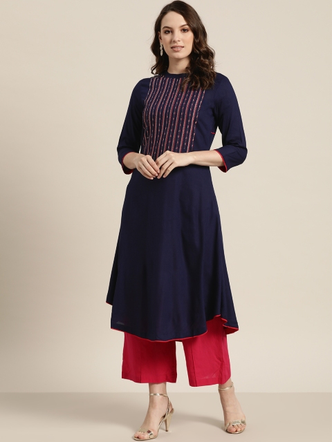 

Sangria Women Navy Blue & Pink Yoke Design A-Line Kurta