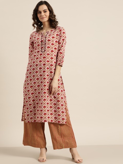

Sangria Women Pink & Beige Printed Straight Kurta with Palazzos