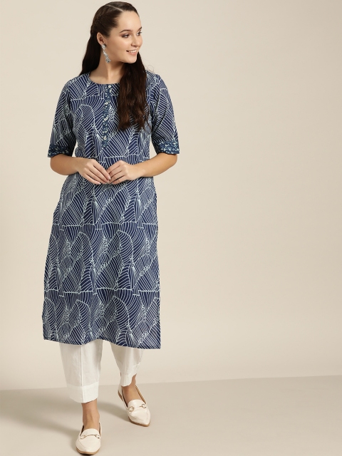 

Sangria Women Navy Blue & White Printed Straight Kurta