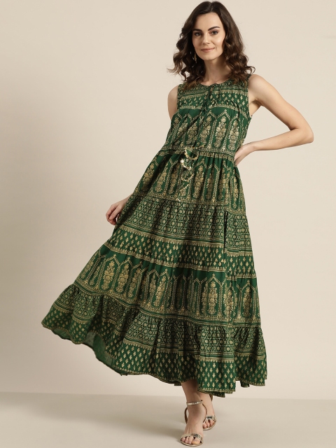 

Sangria Women Green & Golden Printed Tiered Maxi Dress